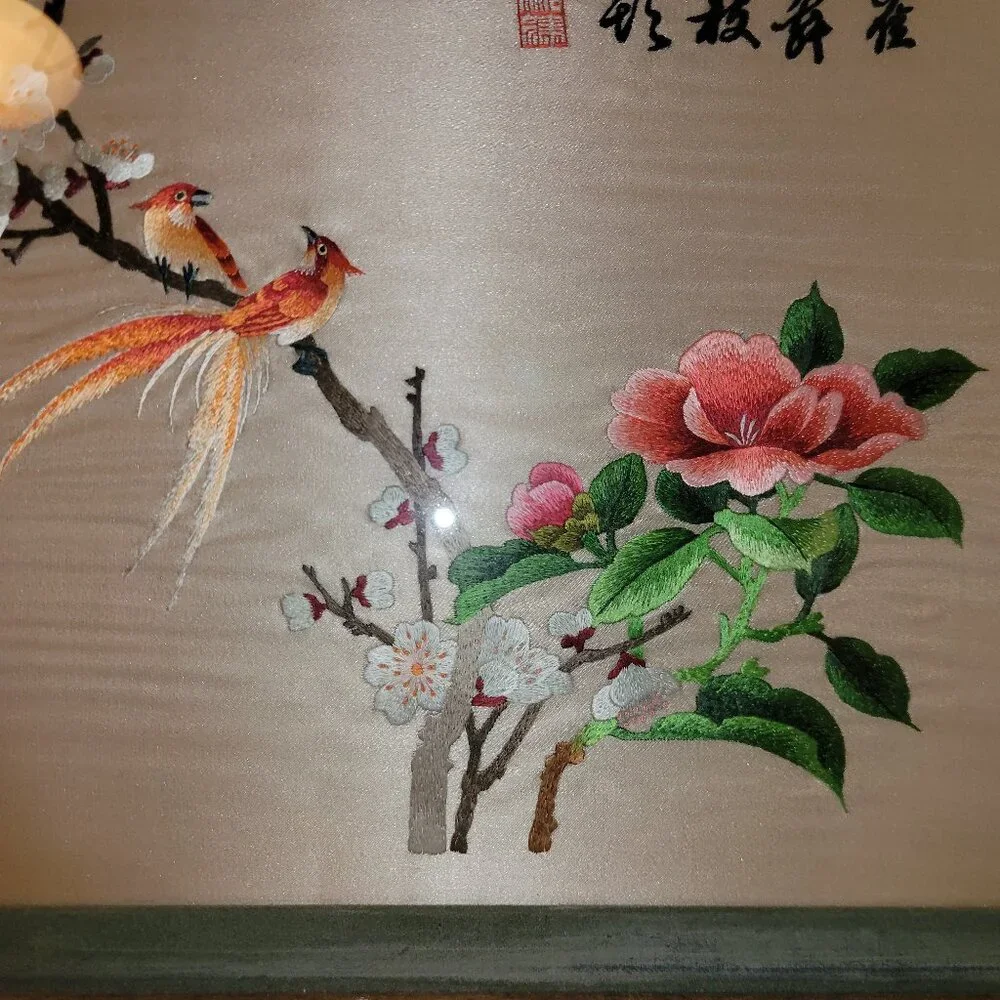 Vintage Japanese Silk Embroidery Handmade Framed Birds Flower Blossom Picture
